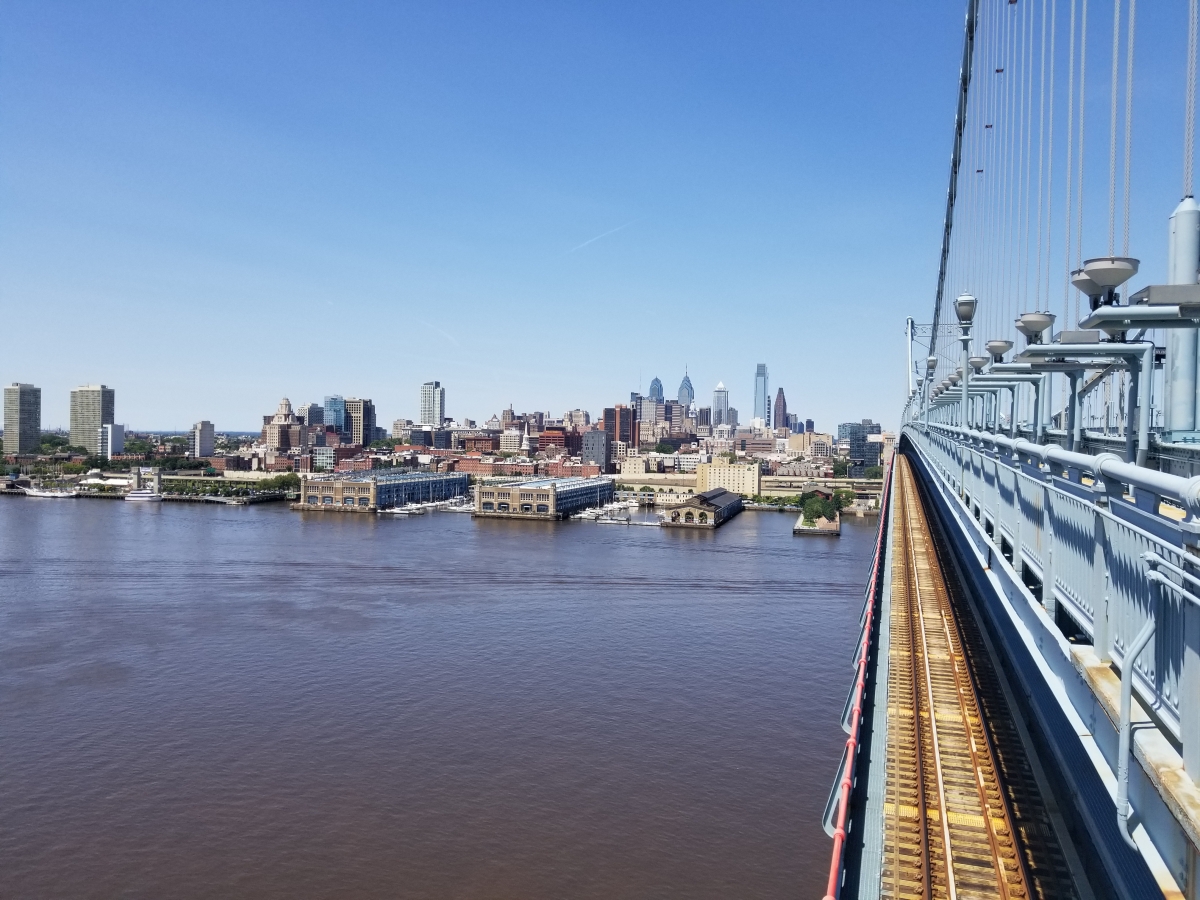 Ben Franklin Bridge Pedestrian Walkway, Views of the PATCO High Speedline Tracks and Philadelphia Skyline